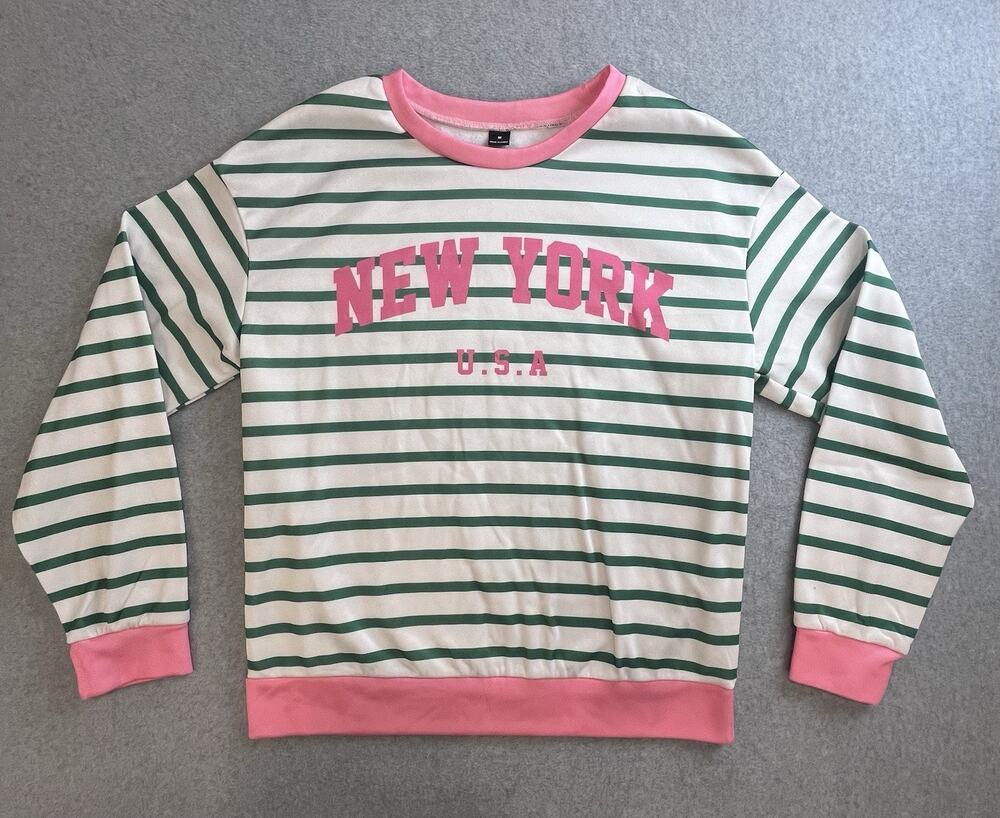 Shein green-and-white striped crewneck sweatshirt, pink "New York U.S.A." Sz M